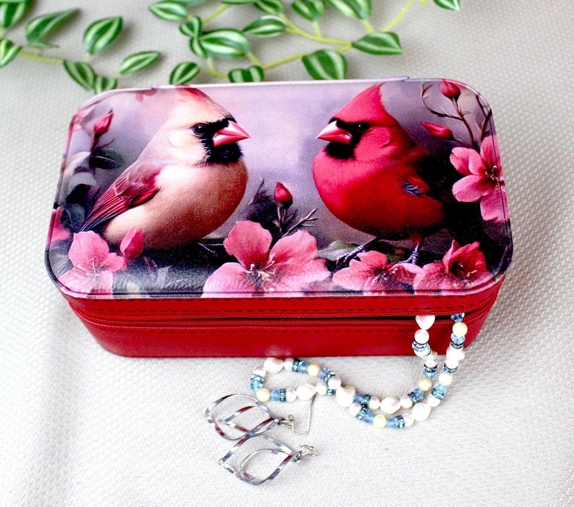 Pair of Cardinals Travel Jewelry Case – Faux Leather Zip Organizer with Mirror, Personalized Name