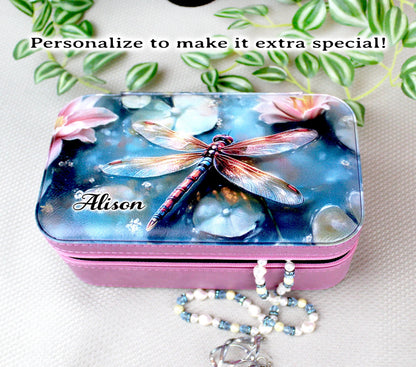 Large Travel Jewelry Case – Dragonfly Print, Faux Leather, Personalized Zip Organizer with Mirror