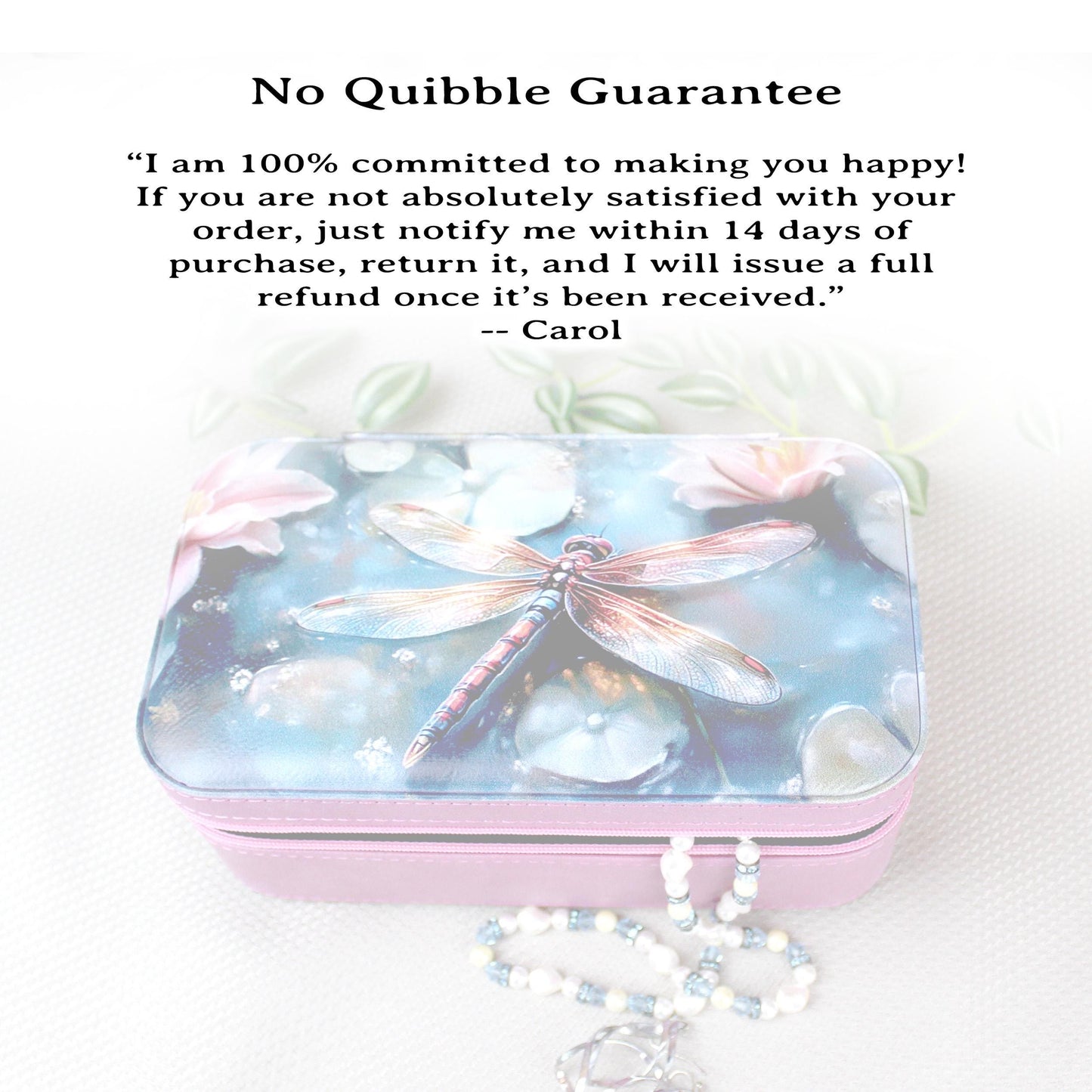 Large Travel Jewelry Case – Dragonfly Print, Faux Leather, Personalized Zip Organizer with Mirror