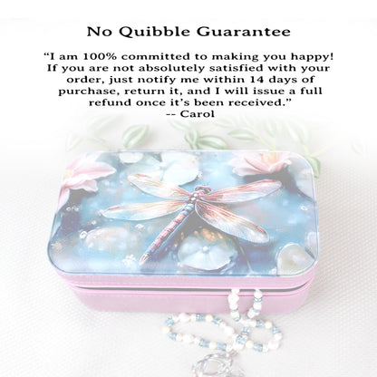 Large Travel Jewelry Case – Dragonfly Print, Faux Leather, Personalized Zip Organizer with Mirror