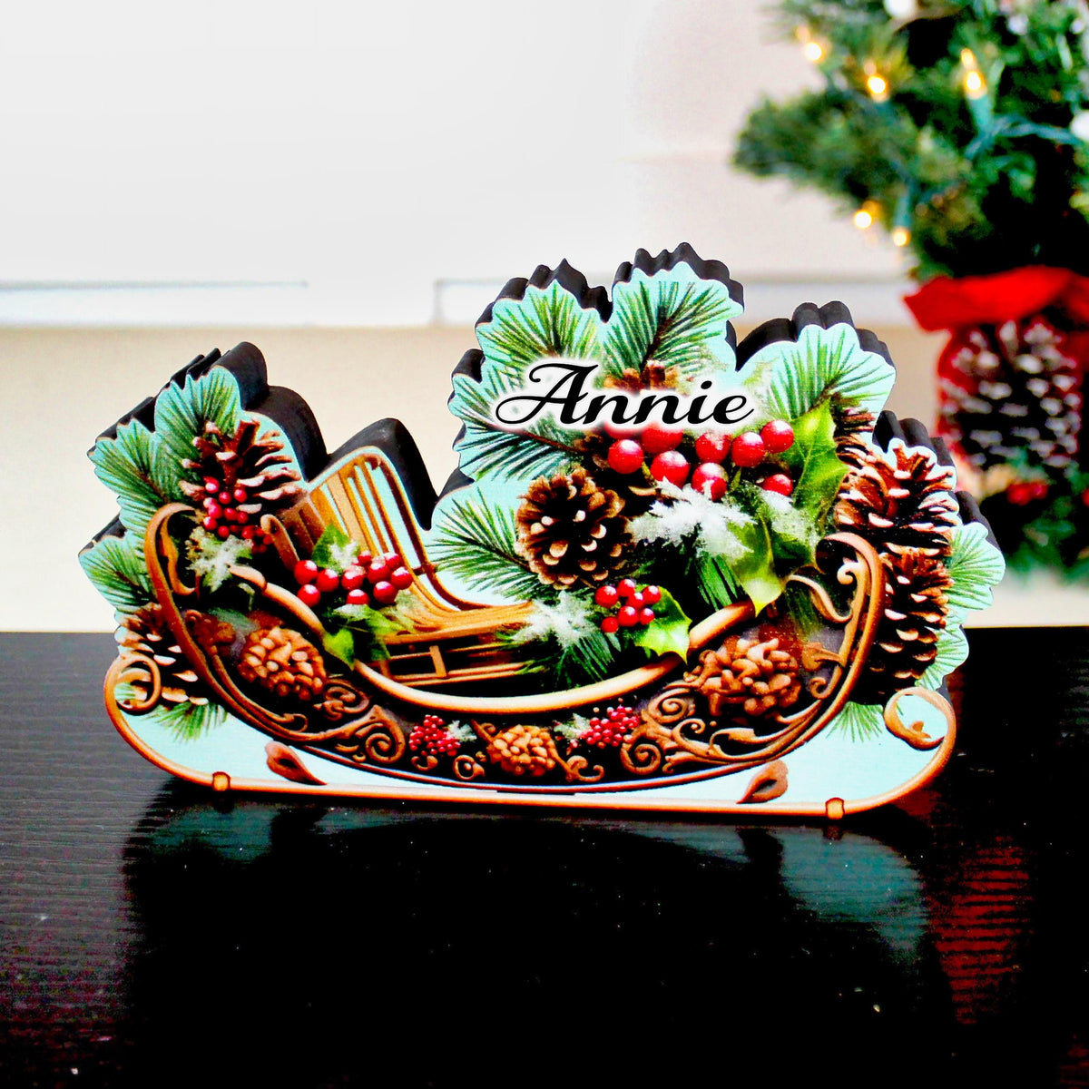 Christmas Sleigh Shelf Sitter – Personalized Wooden Mantel Decor with Pinecones & Berries