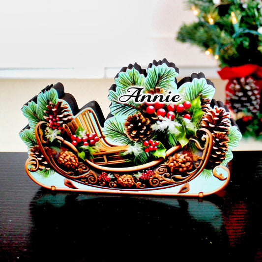Christmas Sleigh Shelf Sitter – Personalized Wooden Mantel Decor with Pinecones & Berries