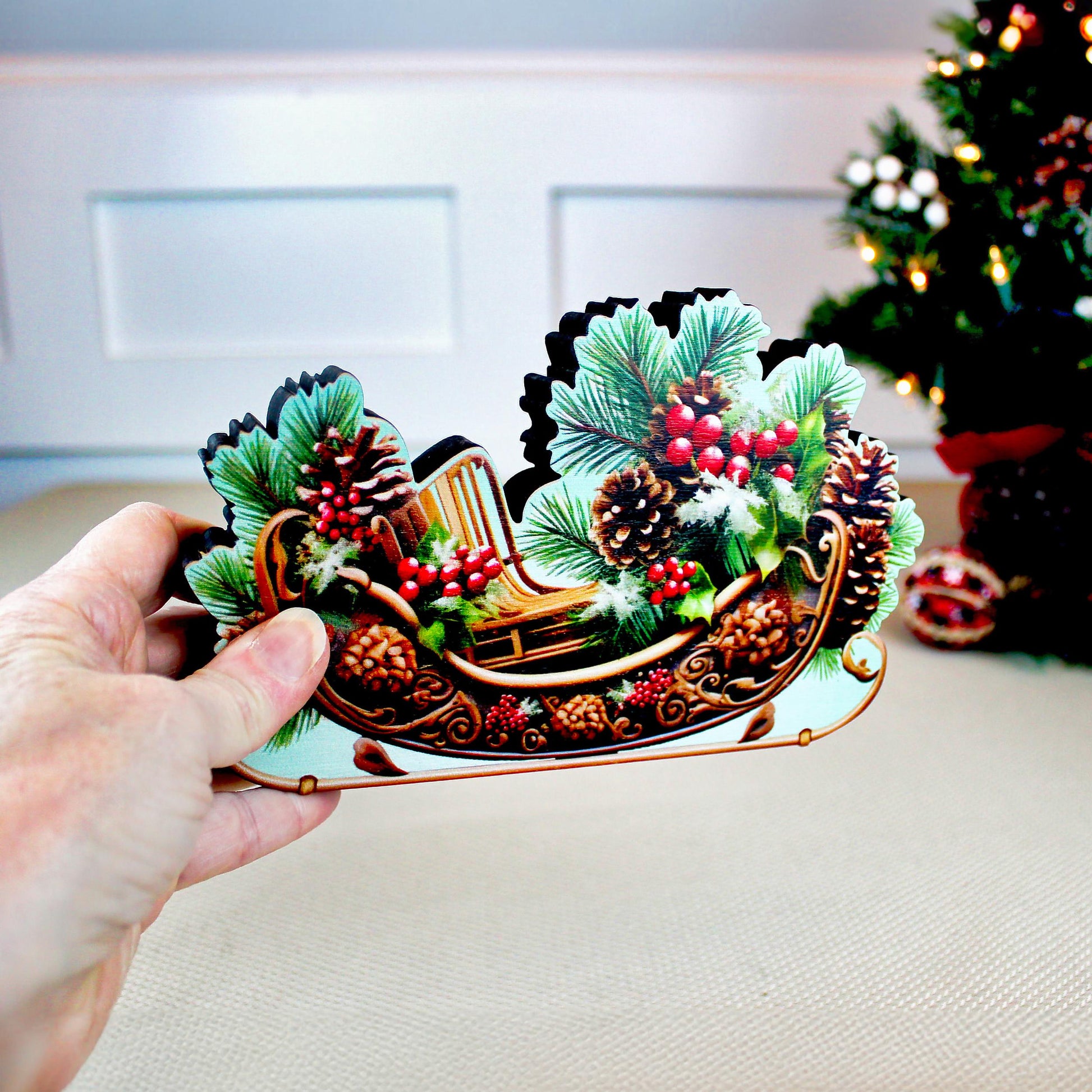 Christmas Sleigh Shelf Sitter – Personalized Wooden Mantel Decor with Pinecones & Berries