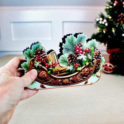 Christmas Sleigh Shelf Sitter – Personalized Wooden Mantel Decor with Pinecones & Berries