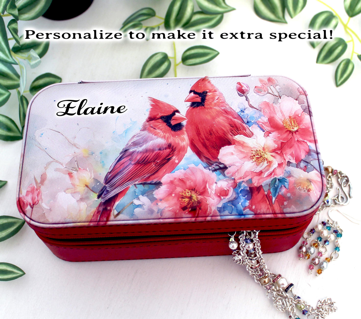 Personalize Leather Jewelry Travel Case, Custom Jewelry Organizer, Large Faux Leather Jewelry Travel Case, Large Cardinal Travel Jewelry Box