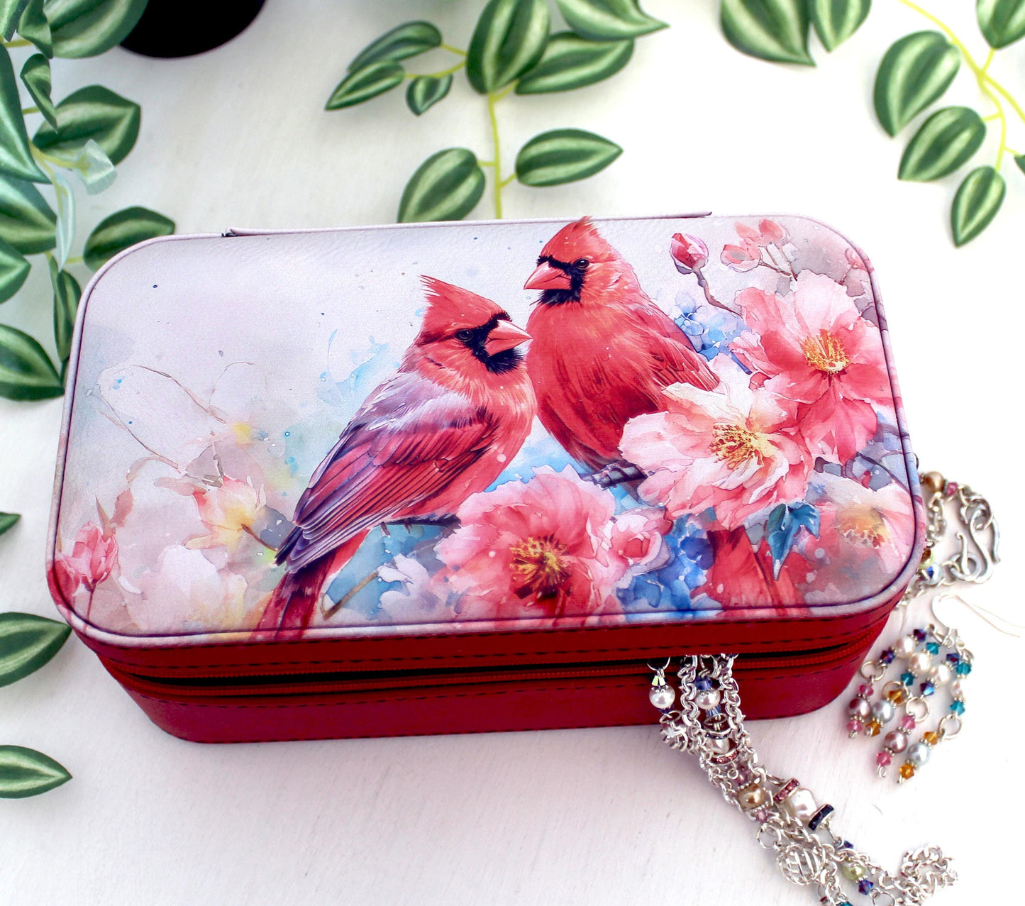 Personalize Leather Jewelry Travel Case, Custom Jewelry Organizer, Large Faux Leather Jewelry Travel Case, Large Cardinal Travel Jewelry Box