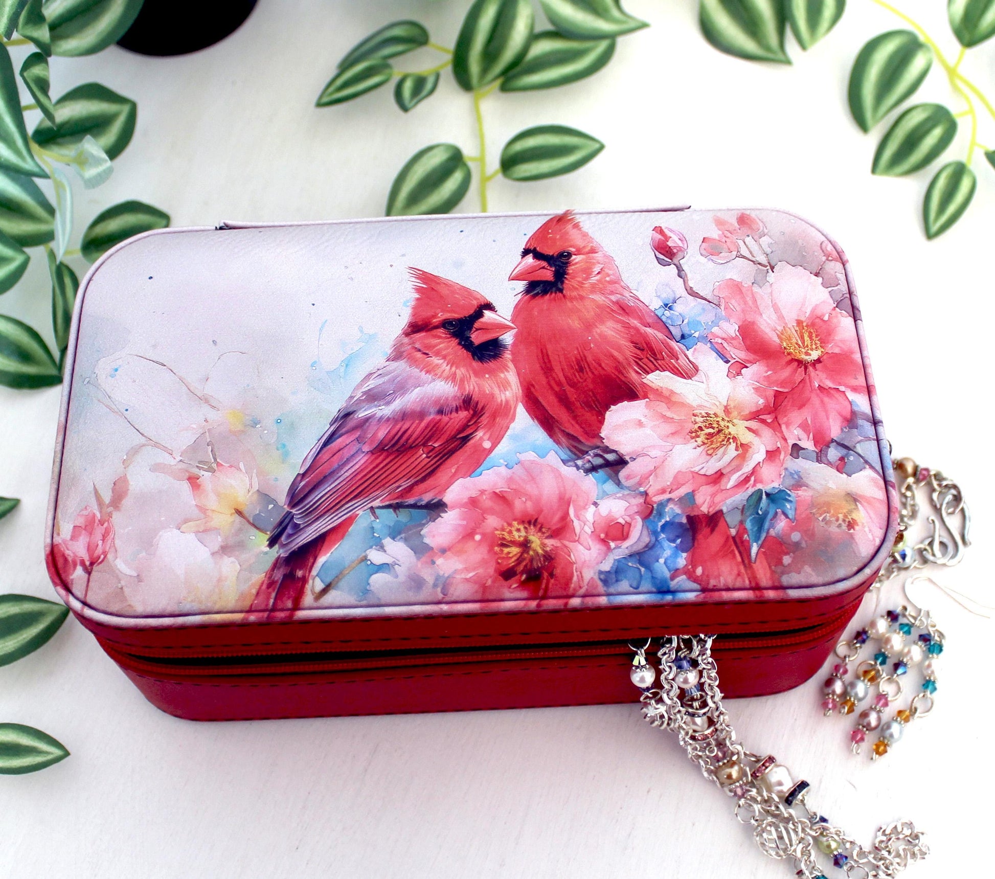Personalize Leather Jewelry Travel Case, Custom Jewelry Organizer, Large Faux Leather Jewelry Travel Case, Large Cardinal Travel Jewelry Box