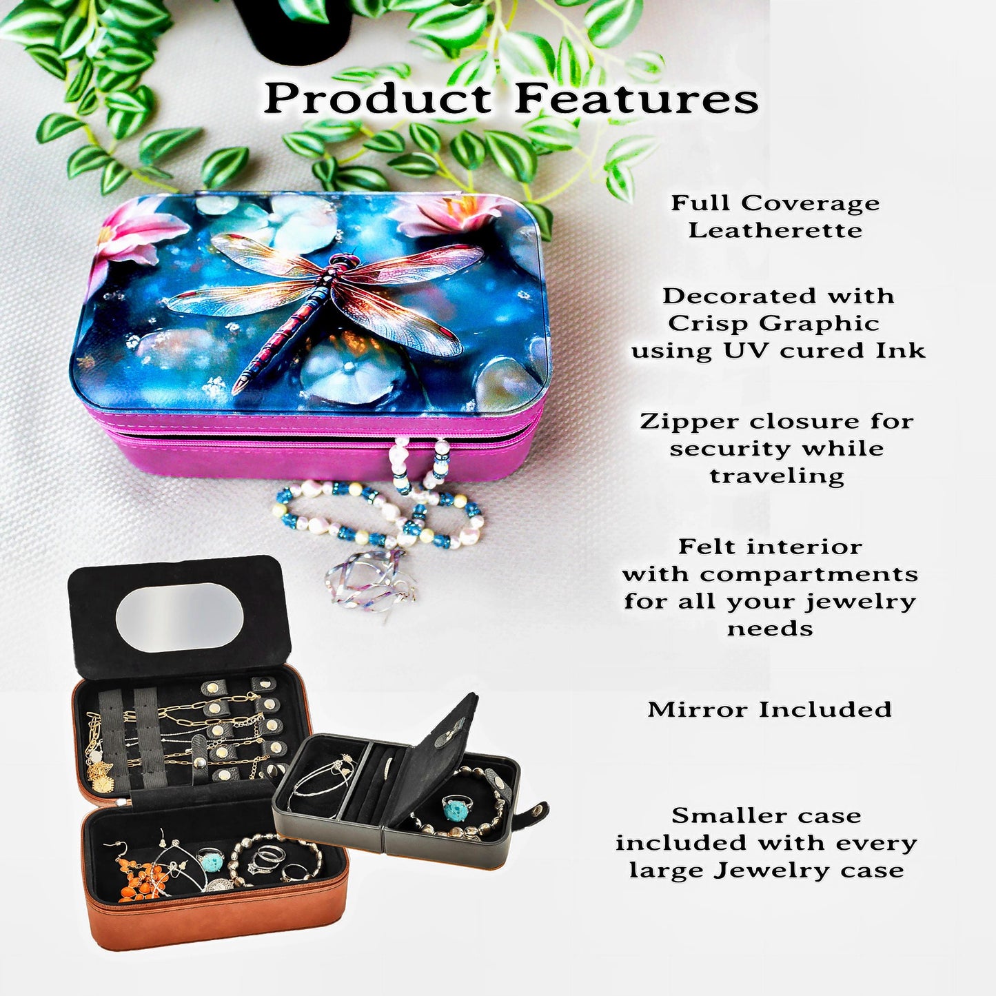 Large Travel Jewelry Case – Dragonfly Print, Faux Leather, Personalized Zip Organizer with Mirror
