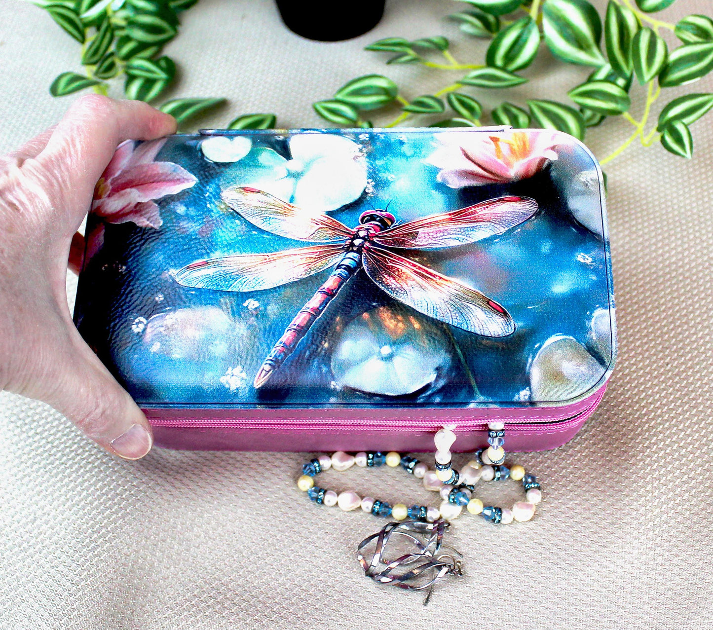 Large Travel Jewelry Case – Dragonfly Print, Faux Leather, Personalized Zip Organizer with Mirror