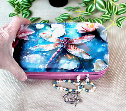 Large Travel Jewelry Case – Dragonfly Print, Faux Leather, Personalized Zip Organizer with Mirror
