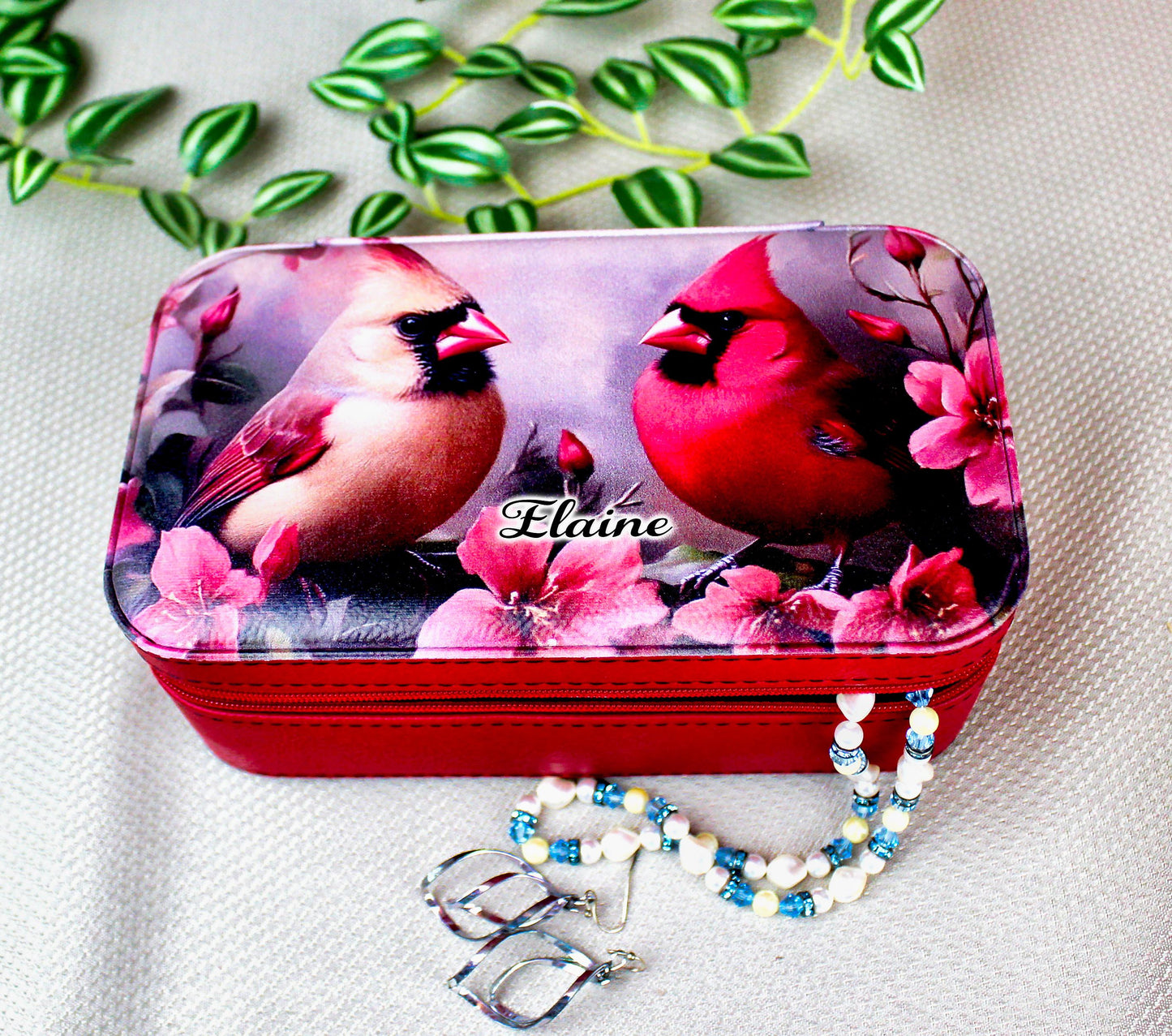 Pair of Cardinals Travel Jewelry Case – Faux Leather Zip Organizer with Mirror, Personalized Name