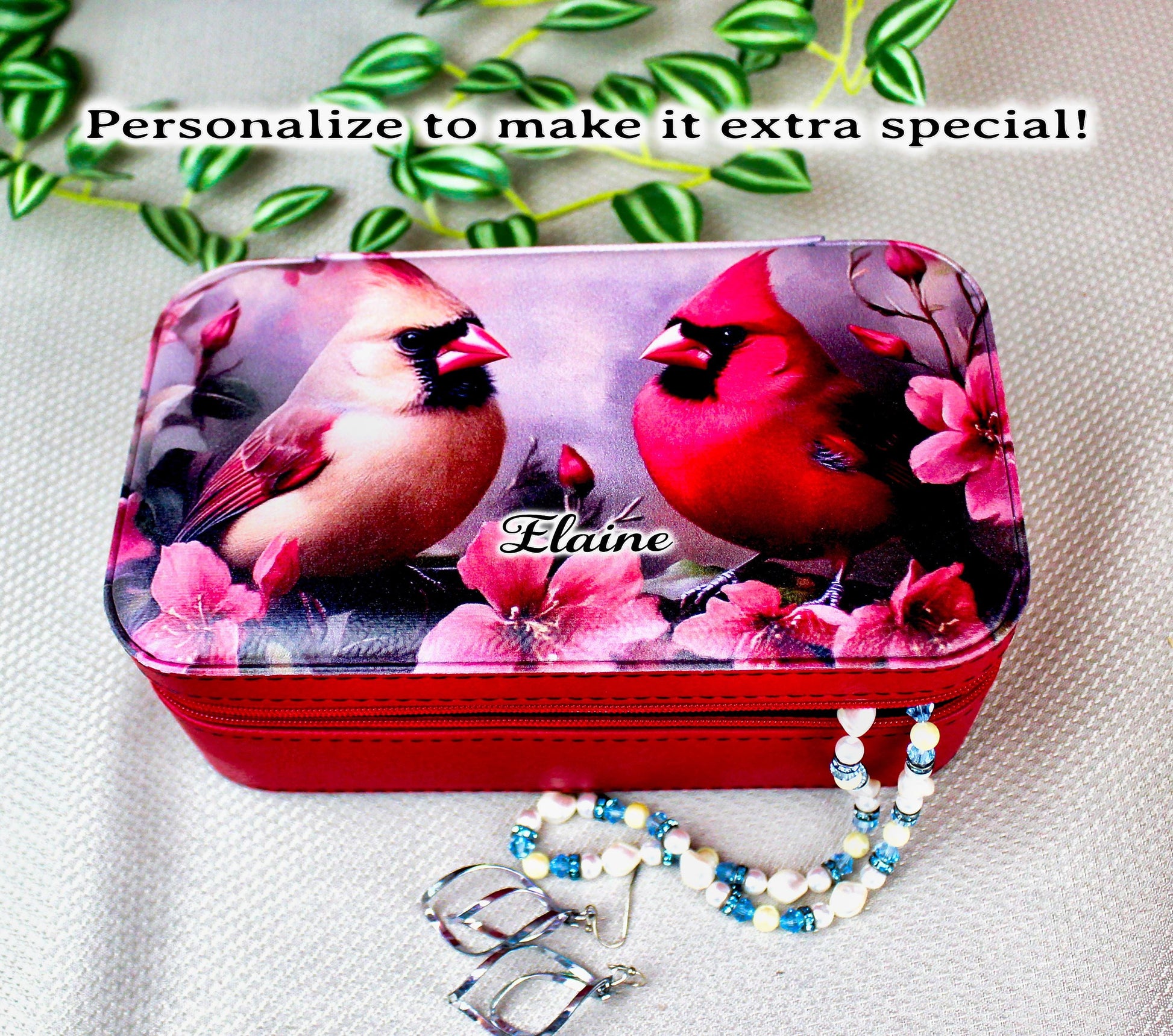 Pair of Cardinals Travel Jewelry Case – Faux Leather Zip Organizer with Mirror, Personalized Name