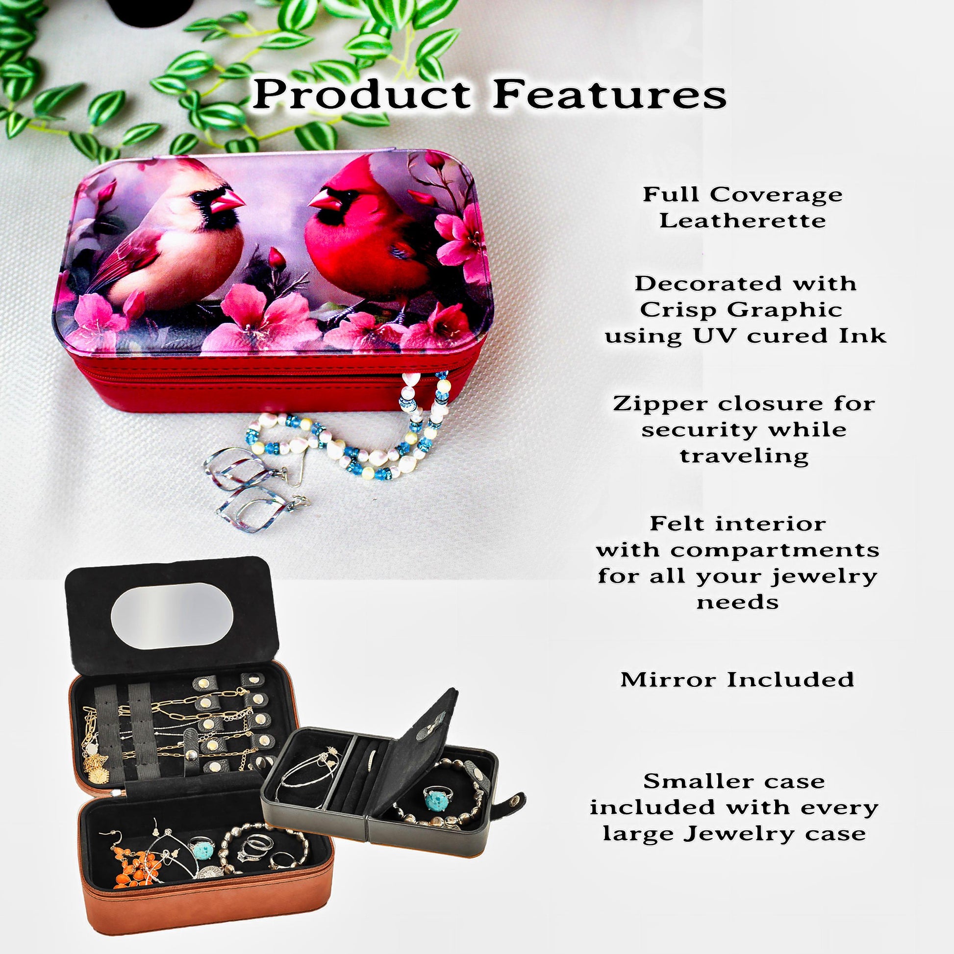 Pair of Cardinals Travel Jewelry Case – Faux Leather Zip Organizer with Mirror, Personalized Name