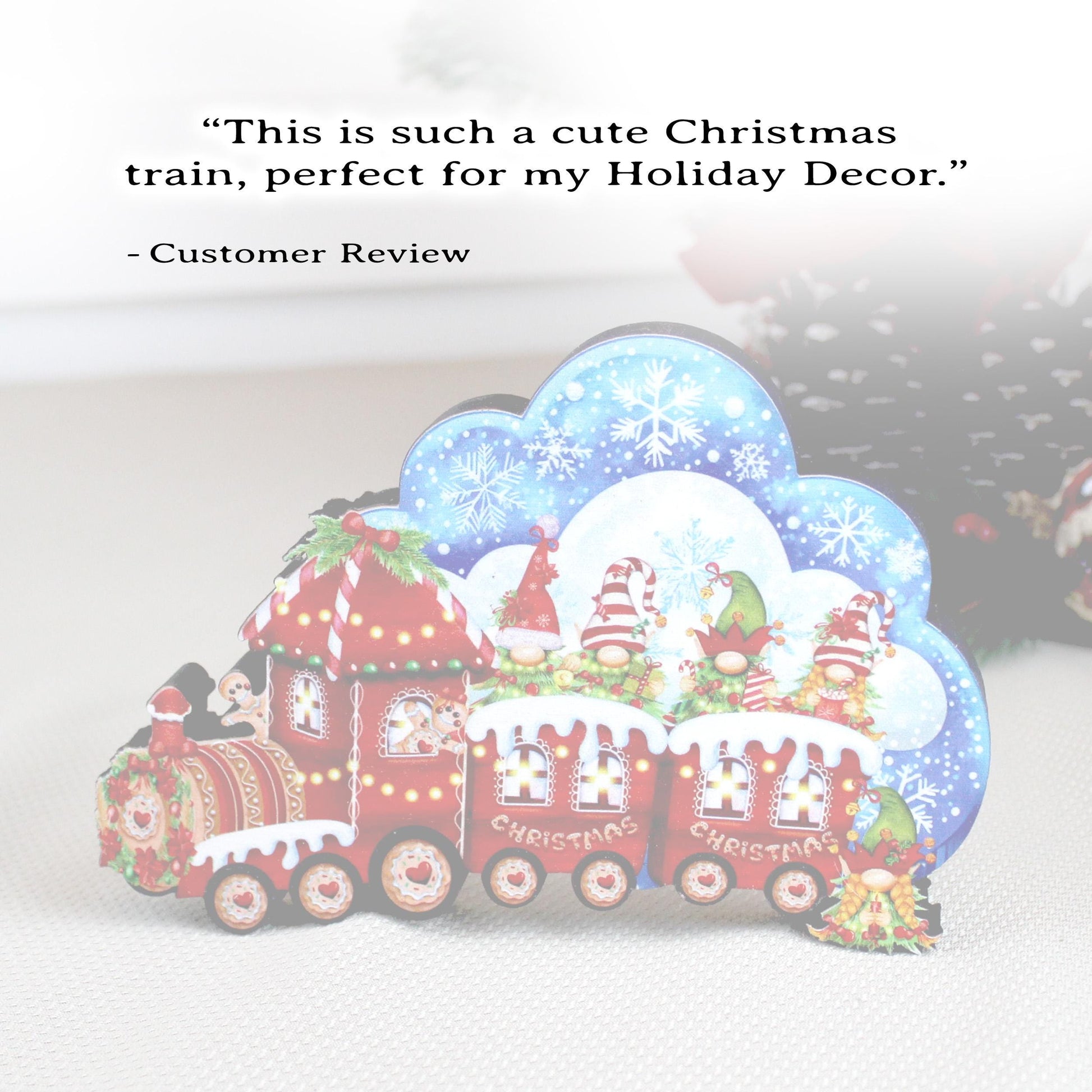 Christmas Train Shelf Sitter – Gnomes & Gingerbread, Personalized Wooden Mantel Decor