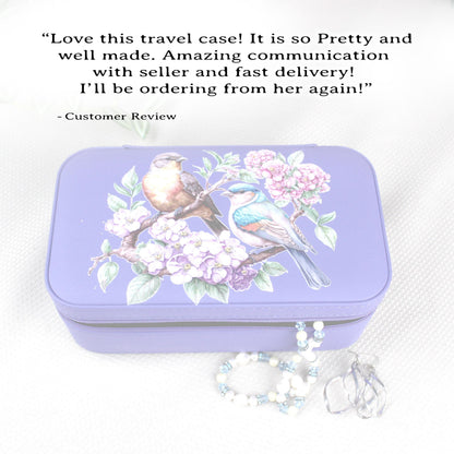 Spring Birds and Flowers Travel Jewelry Case – Floral Faux Leather Zip Organizer with Mirror, Personalized Name