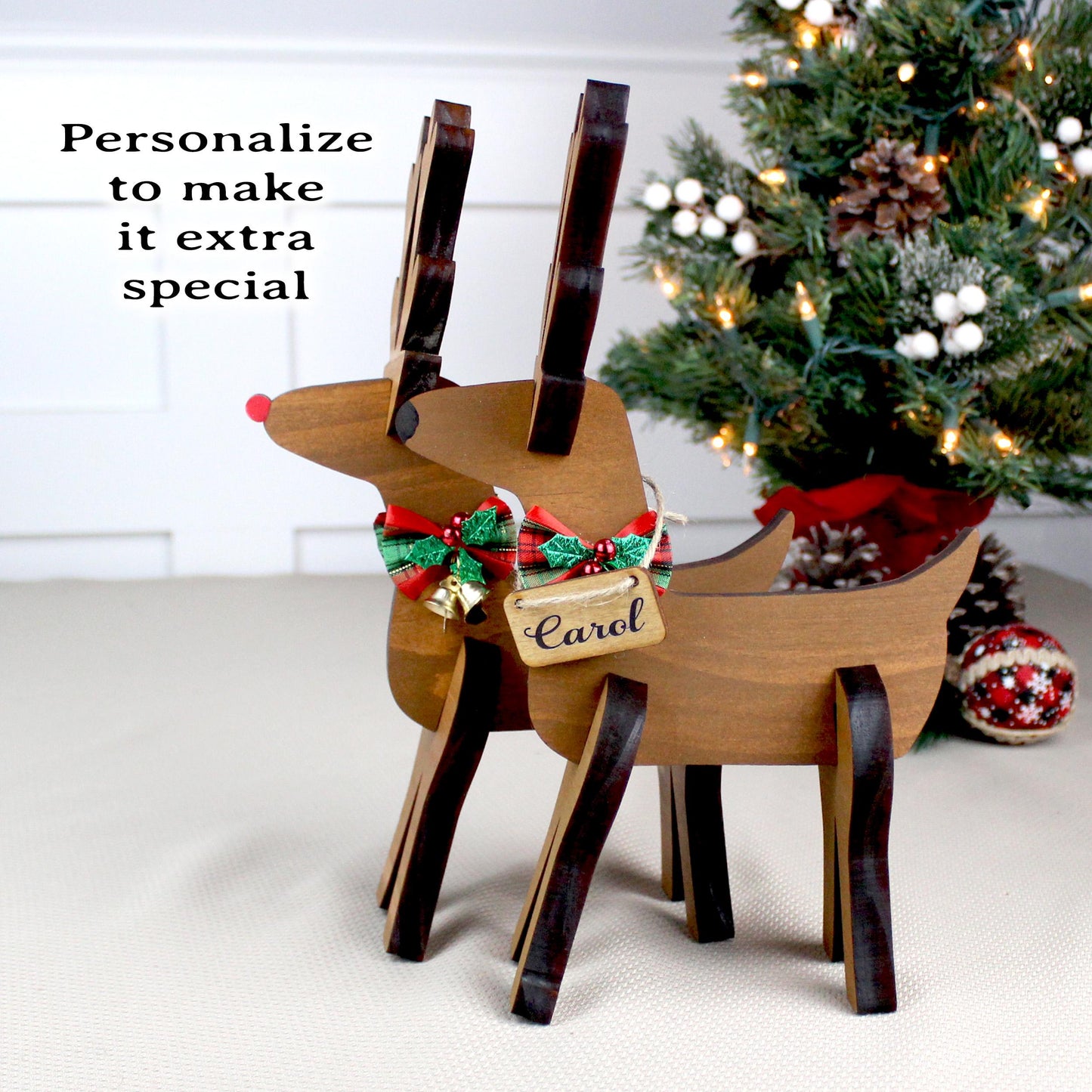 Rustic Wooden Reindeer Set – Handcrafted Farmhouse Christmas Shelf Decor – Rudolph & Friend