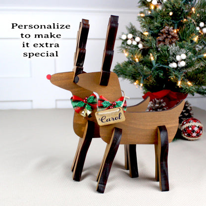 Rustic Wooden Reindeer Set – Handcrafted Farmhouse Christmas Shelf Decor – Rudolph & Friend