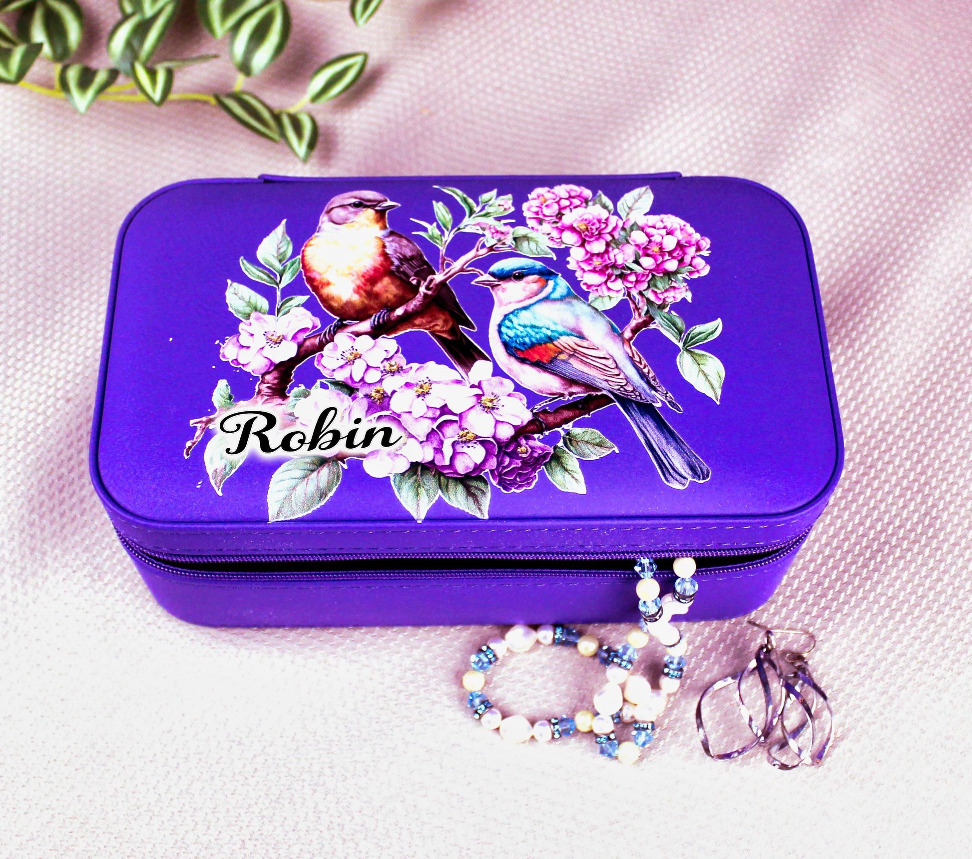Spring Birds and Flowers Travel Jewelry Case – Floral Faux Leather Zip Organizer with Mirror, Personalized Name