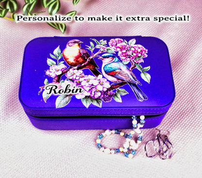 Spring Birds and Flowers Travel Jewelry Case – Floral Faux Leather Zip Organizer with Mirror, Personalized Name