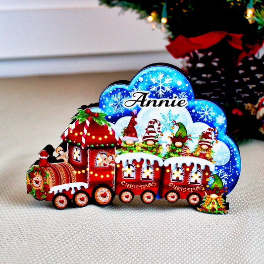 Christmas Train Shelf Sitter – Gnomes & Gingerbread, Personalized Wooden Mantel Decor