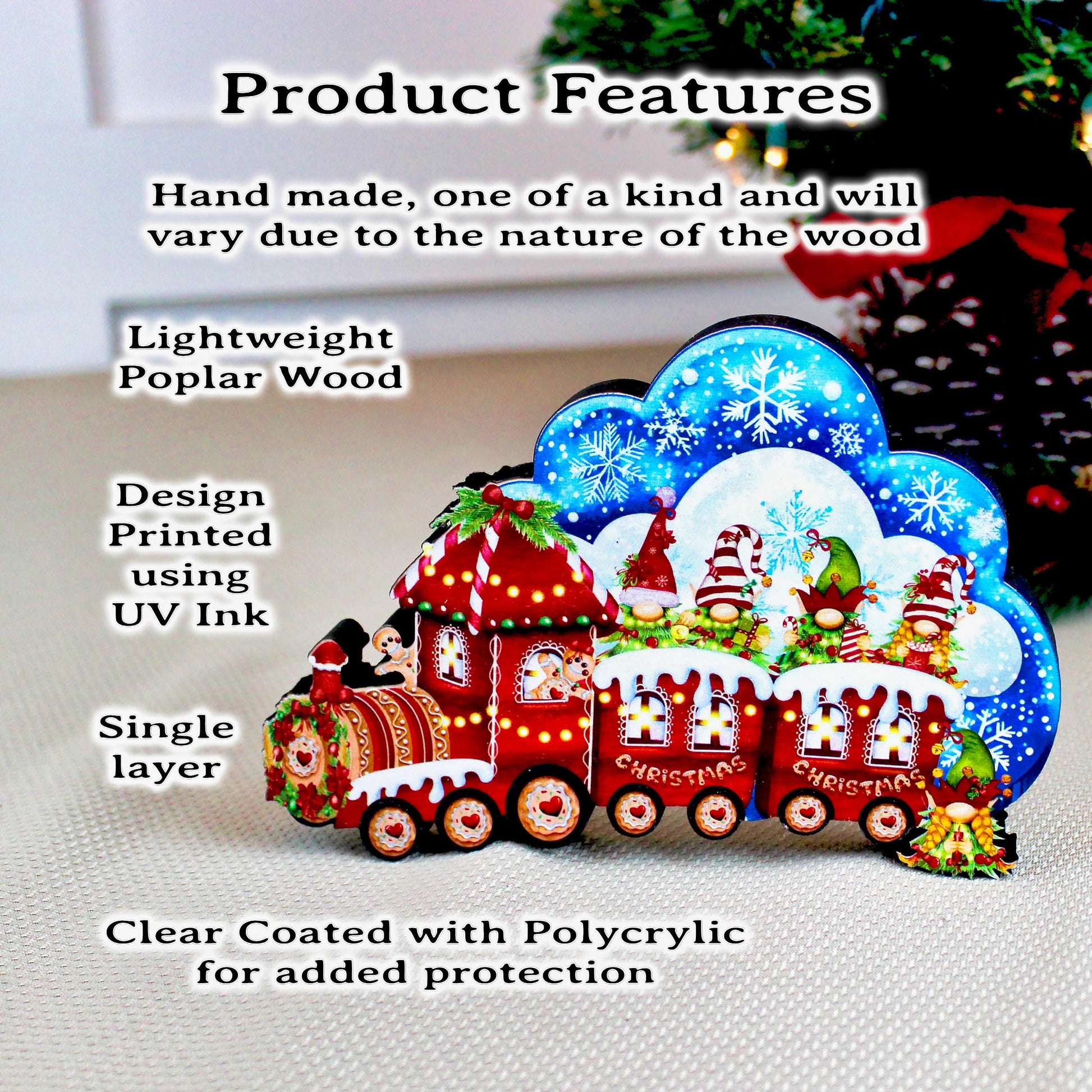 Christmas Train Shelf Sitter – Gnomes & Gingerbread, Personalized Wooden Mantel Decor