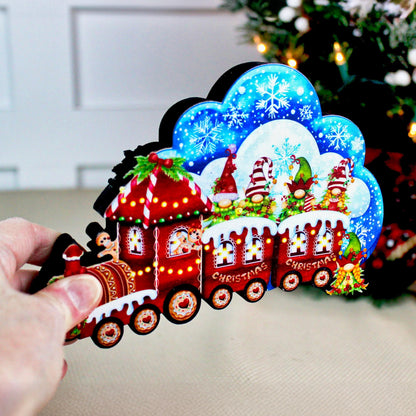 Christmas Train Shelf Sitter – Gnomes & Gingerbread, Personalized Wooden Mantel Decor
