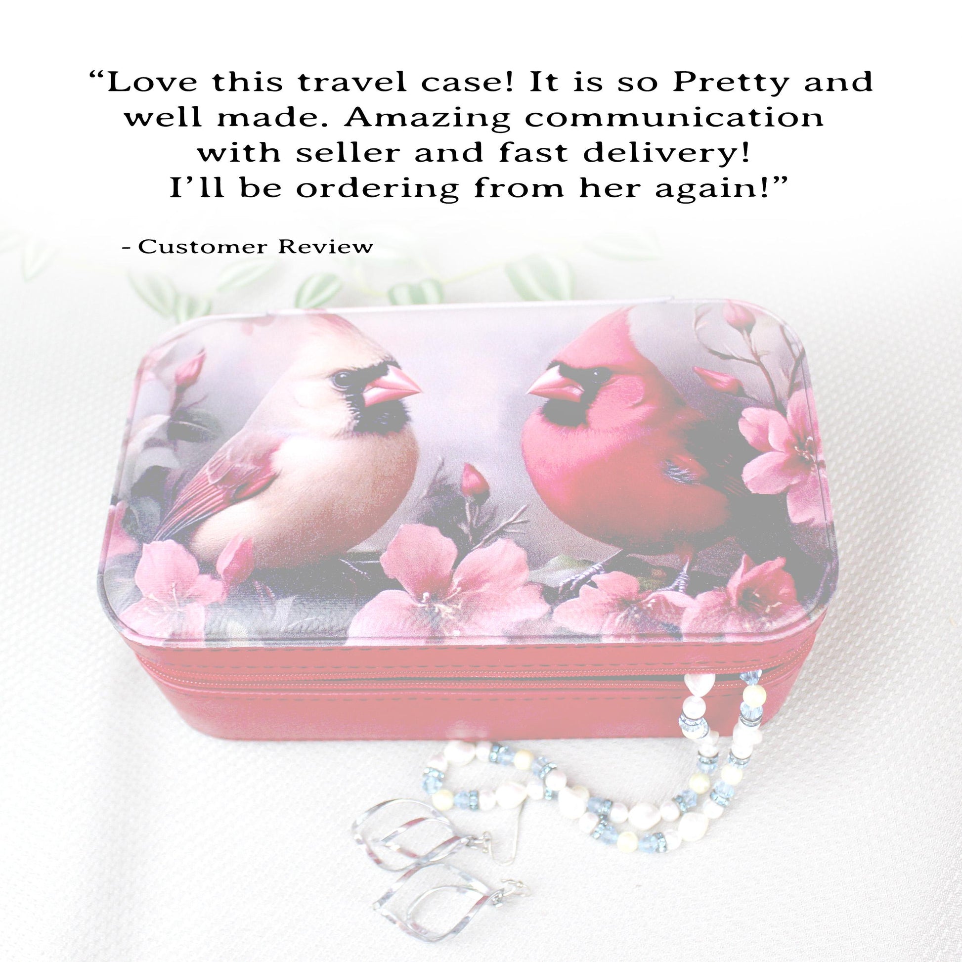 Pair of Cardinals Travel Jewelry Case – Faux Leather Zip Organizer with Mirror, Personalized Name