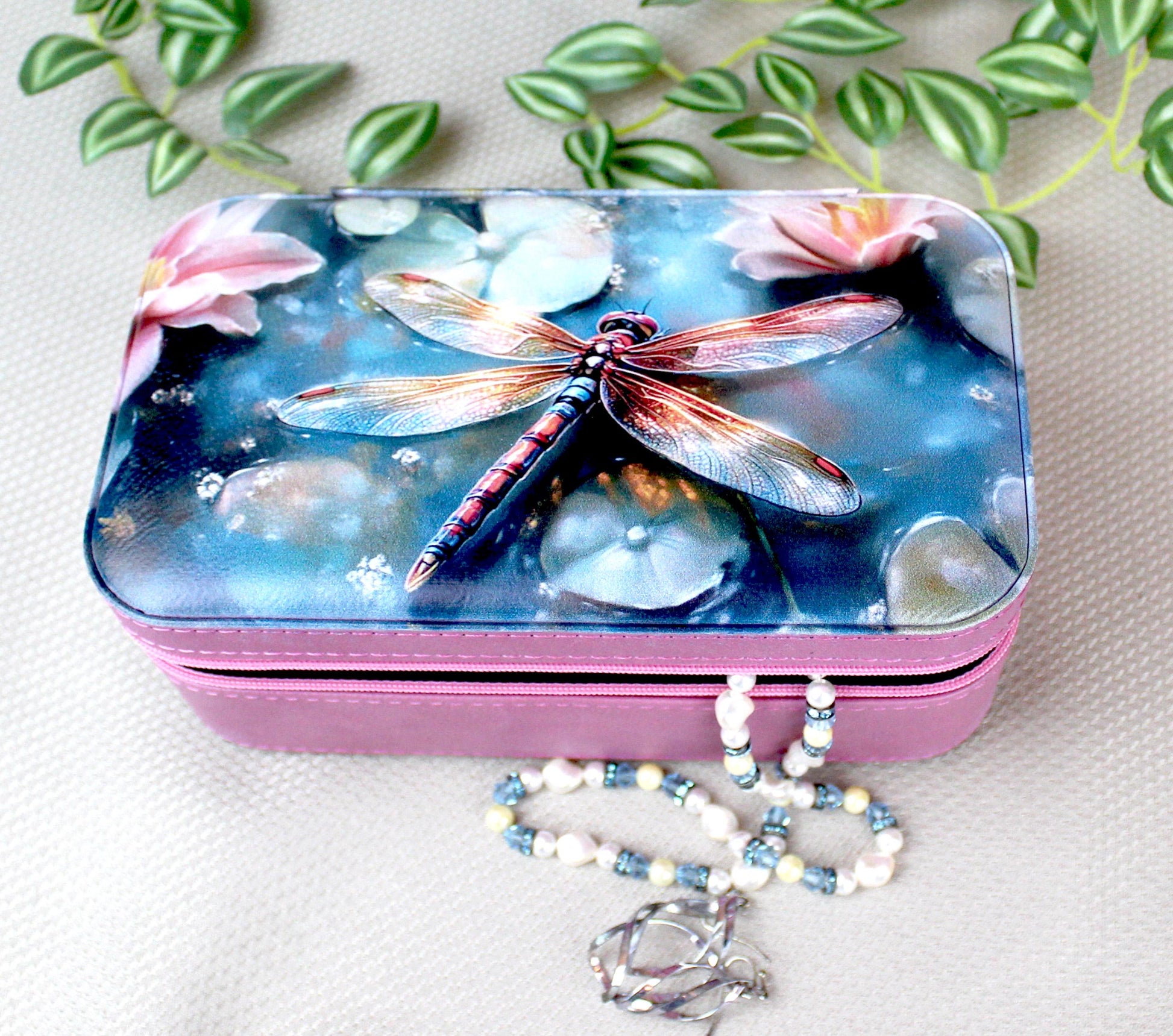 Large Travel Jewelry Case – Dragonfly Print, Faux Leather, Personalized Zip Organizer with Mirror