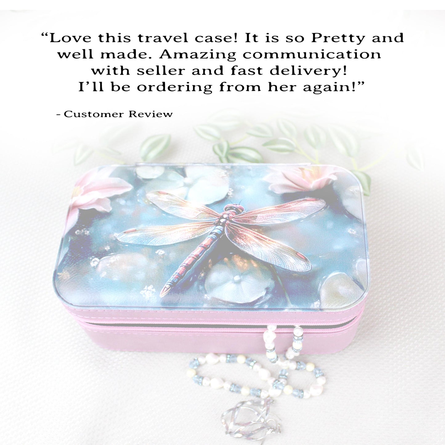 Large Travel Jewelry Case – Dragonfly Print, Faux Leather, Personalized Zip Organizer with Mirror