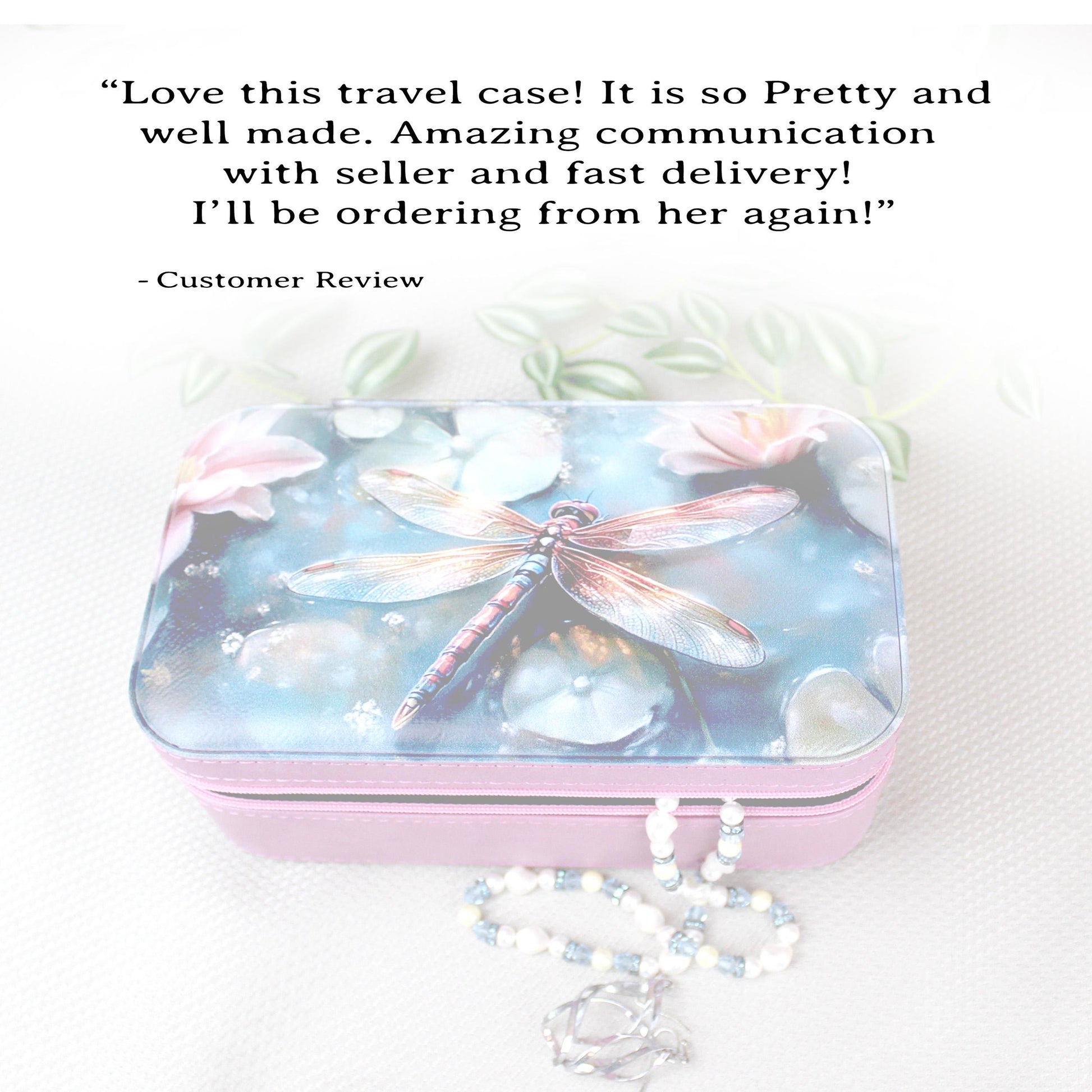 Large Travel Jewelry Case – Dragonfly Print, Faux Leather, Personalized Zip Organizer with Mirror