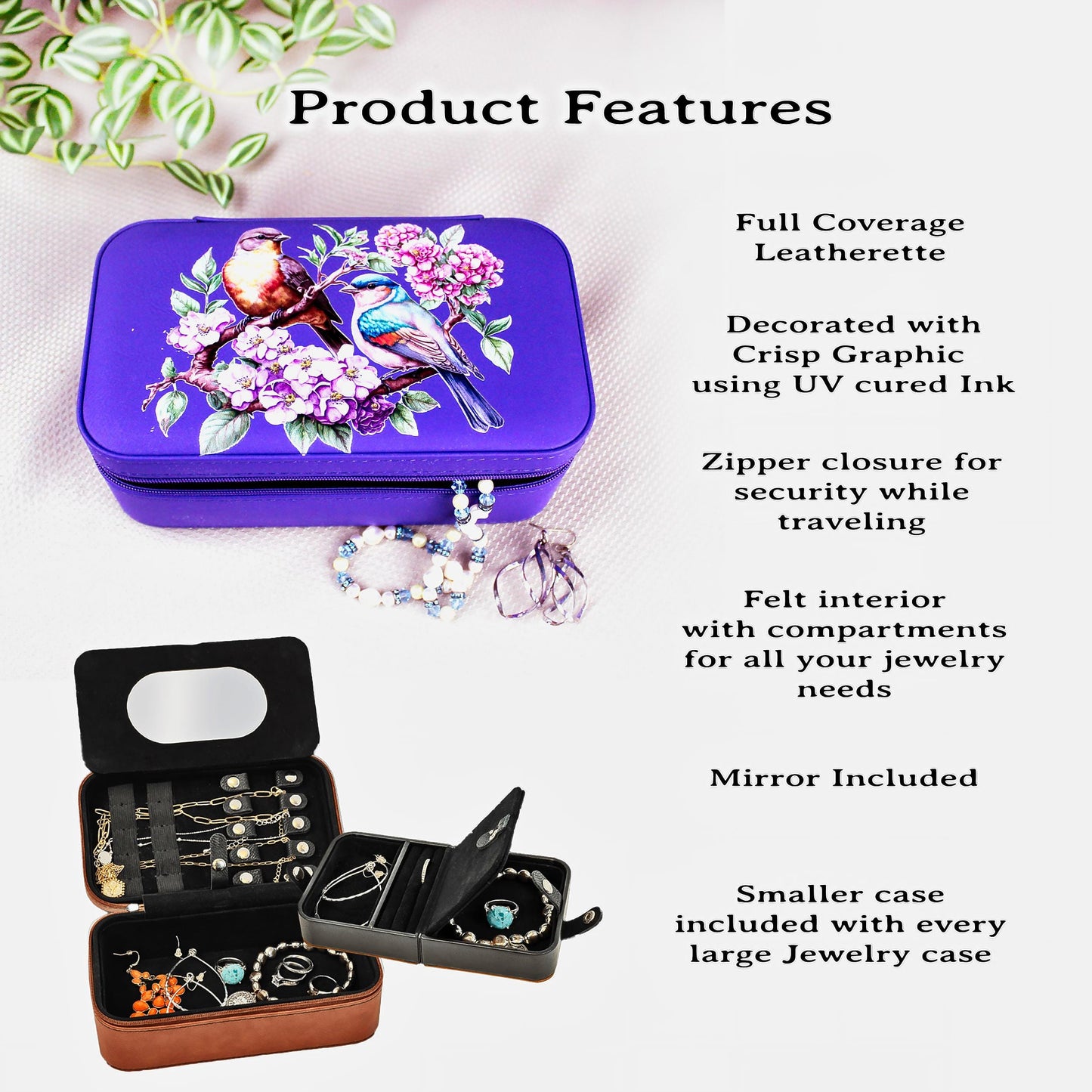 Spring Birds and Flowers Travel Jewelry Case – Floral Faux Leather Zip Organizer with Mirror, Personalized Name