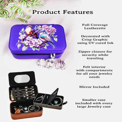 Spring Birds and Flowers Travel Jewelry Case – Floral Faux Leather Zip Organizer with Mirror, Personalized Name