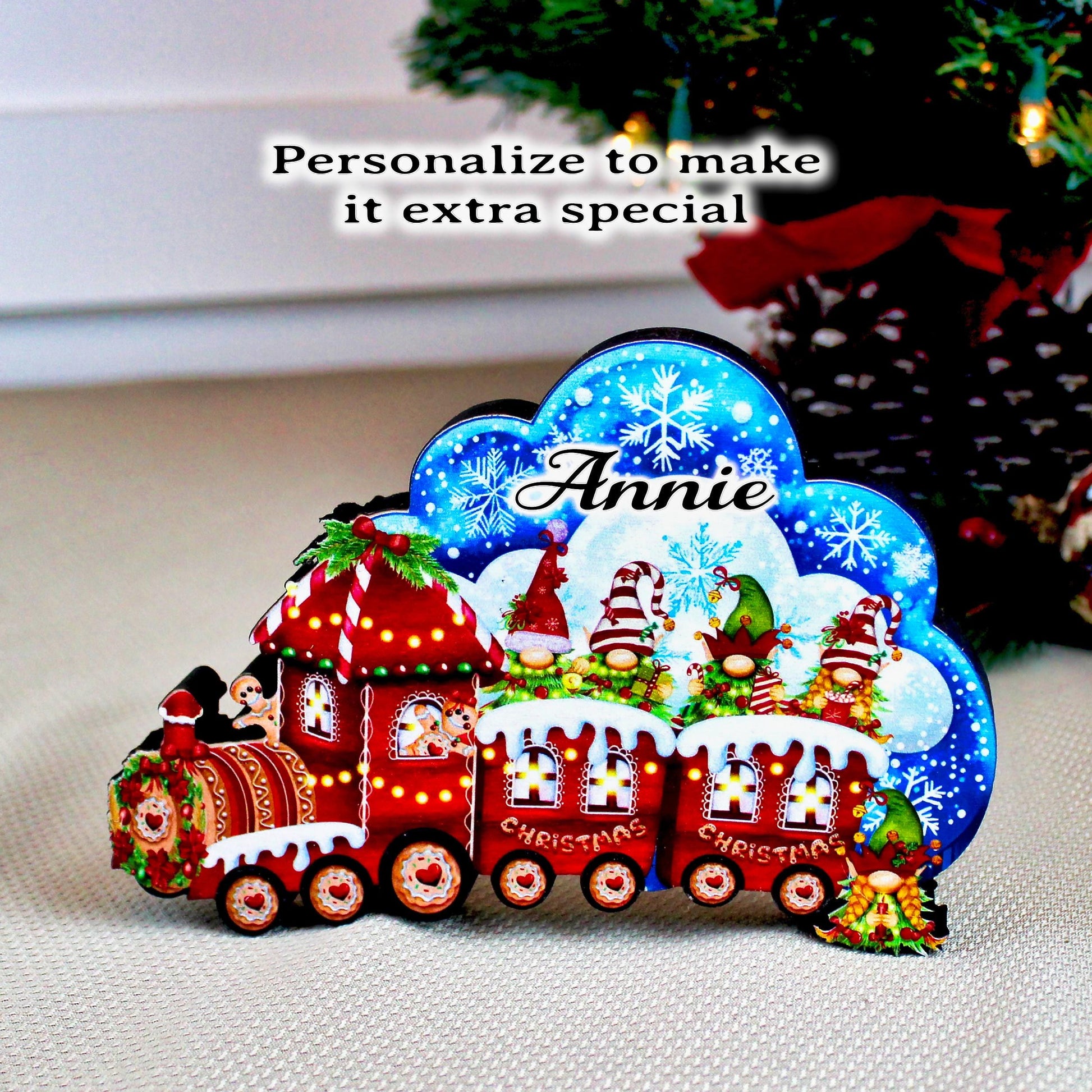 Christmas Train Shelf Sitter – Gnomes & Gingerbread, Personalized Wooden Mantel Decor