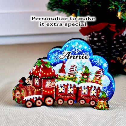 Christmas Train Shelf Sitter – Gnomes & Gingerbread, Personalized Wooden Mantel Decor