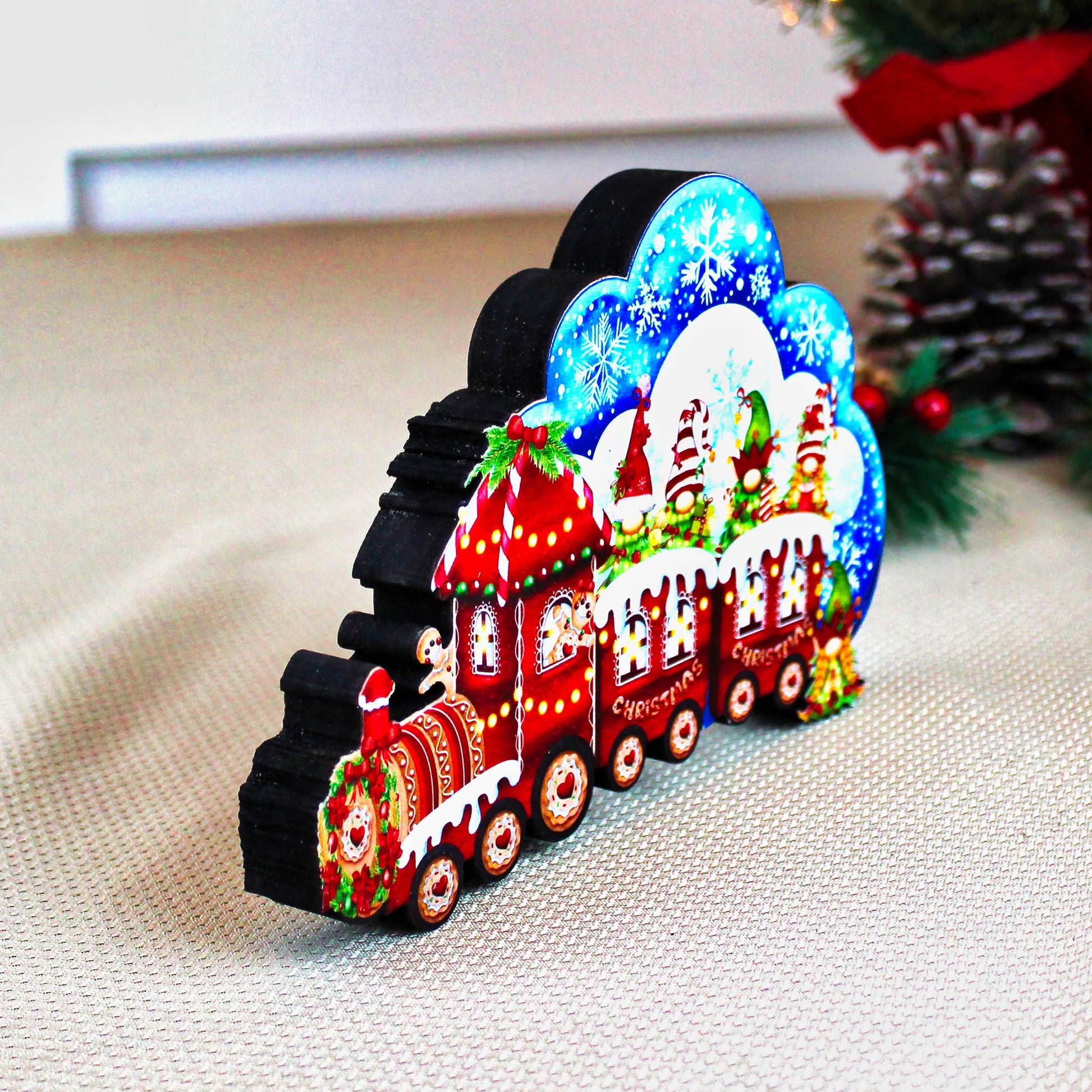 Christmas Train Shelf Sitter – Gnomes & Gingerbread, Personalized Wooden Mantel Decor