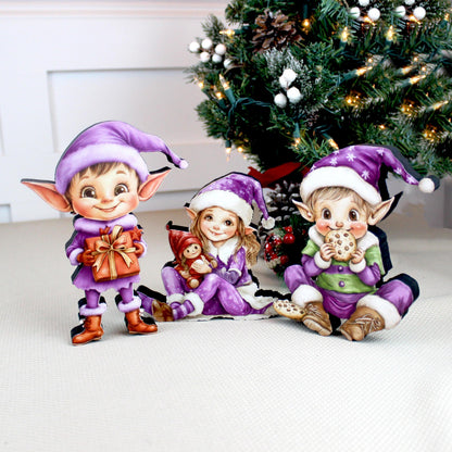 Purple Christmas Elf Shelf Sitters, Set of 3, Holiday Mantel Decor