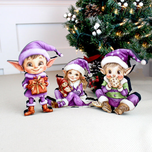 Purple Christmas Elf Shelf Sitters, Set of 3, Holiday Mantel Decor