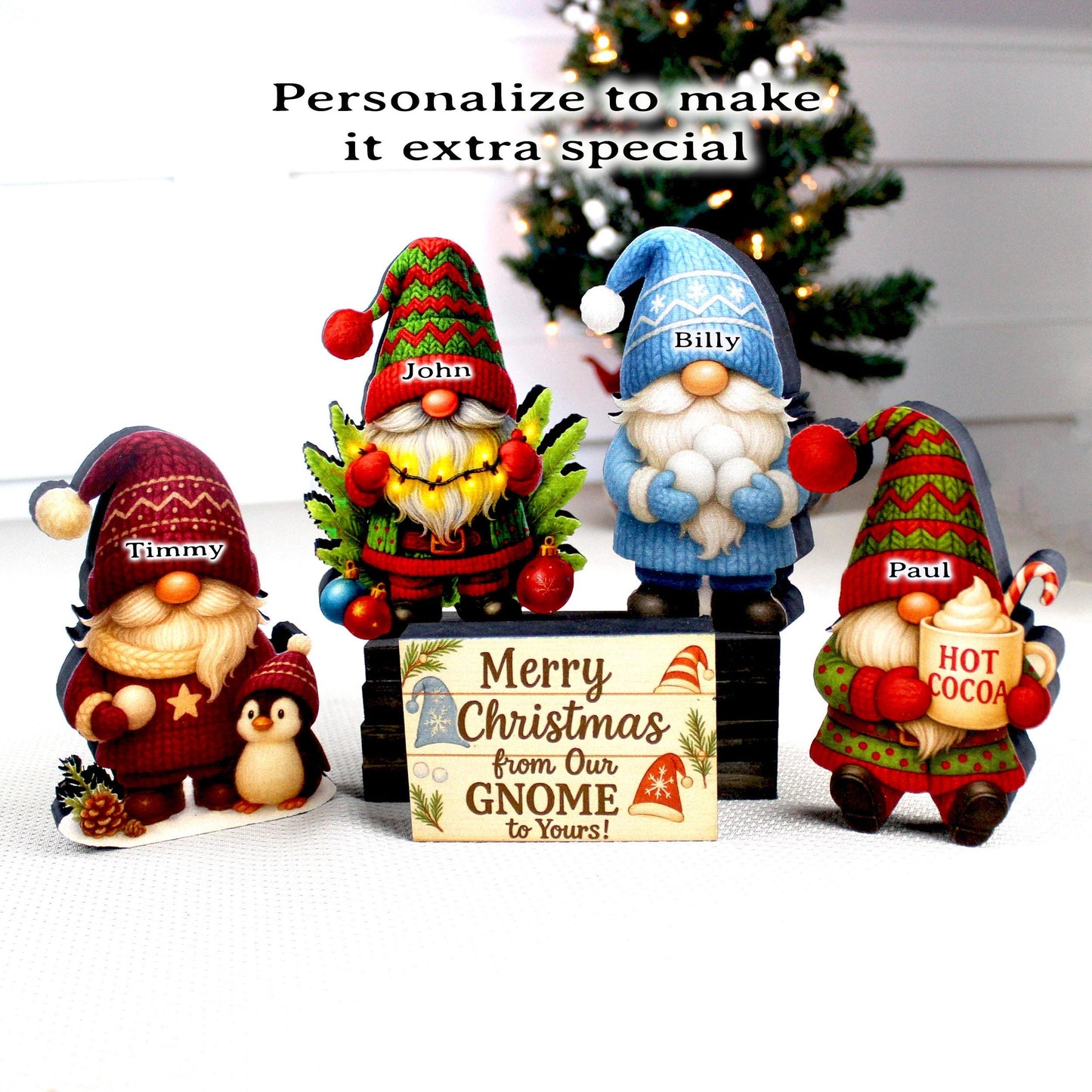 Christmas Gnome Shelf Sitters – Set of 4 Gnomes + Merry Sign, Personalized Wooden Mantel & Tiered Tray Decor