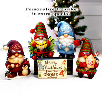Christmas Gnome Shelf Sitters – Set of 4 Gnomes + Merry Sign, Personalized Wooden Mantel & Tiered Tray Decor