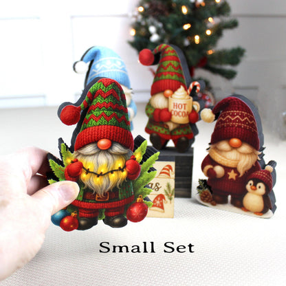 Christmas Gnome Shelf Sitters – Set of 4 Gnomes + Merry Sign, Personalized Wooden Mantel & Tiered Tray Decor