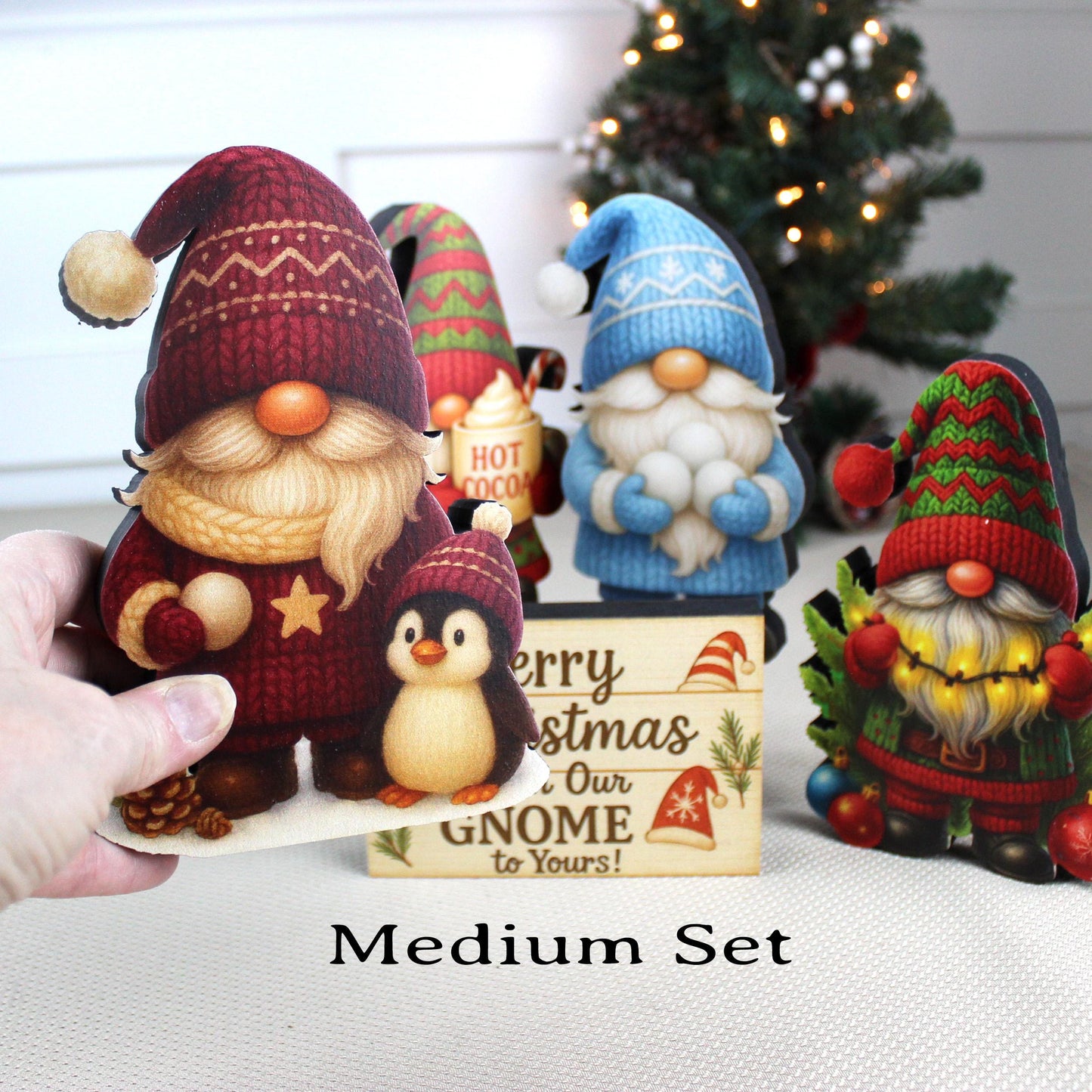 Christmas Gnome Shelf Sitters – Set of 4 Gnomes + Merry Sign, Personalized Wooden Mantel & Tiered Tray Decor
