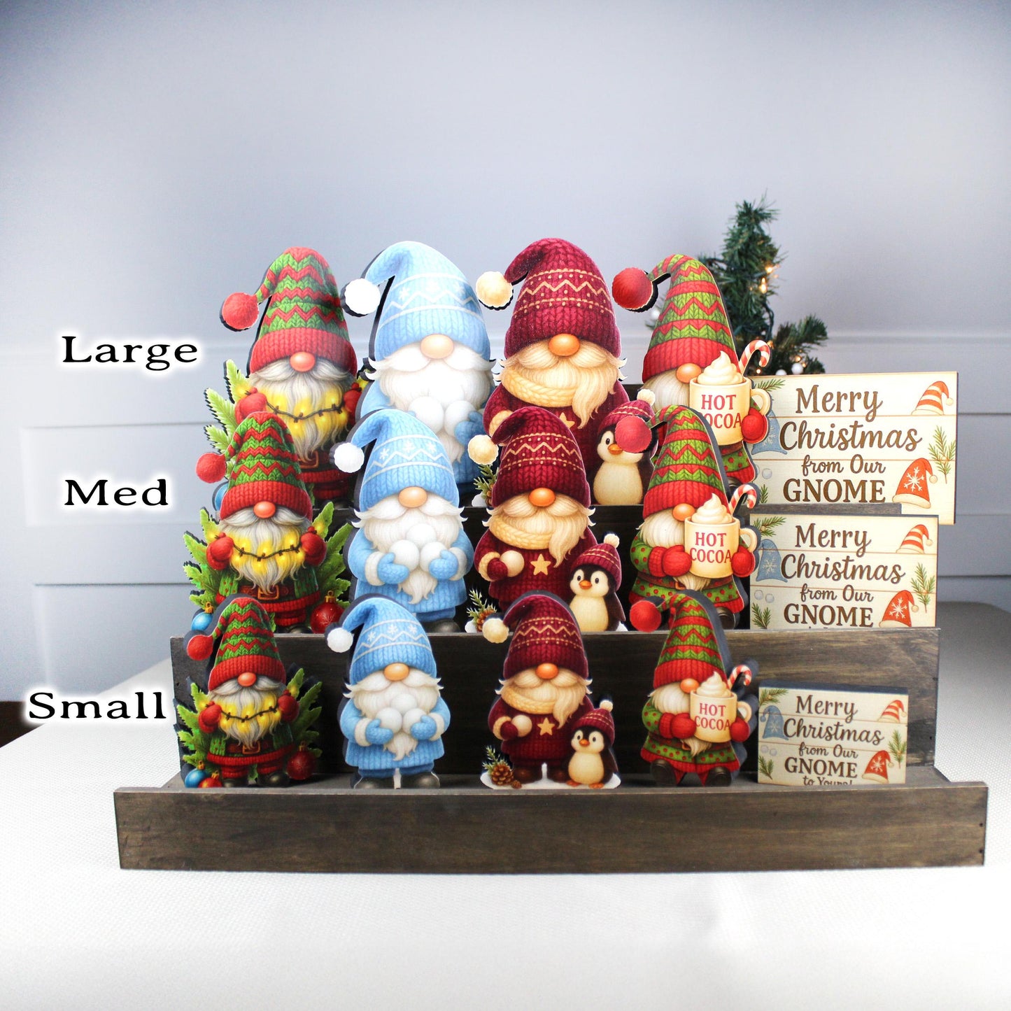 Christmas Gnome Shelf Sitters – Set of 4 Gnomes + Merry Sign, Personalized Wooden Mantel & Tiered Tray Decor