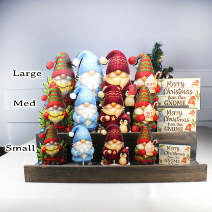 Christmas Gnome Shelf Sitters – Set of 4 Gnomes + Merry Sign, Personalized Wooden Mantel & Tiered Tray Decor