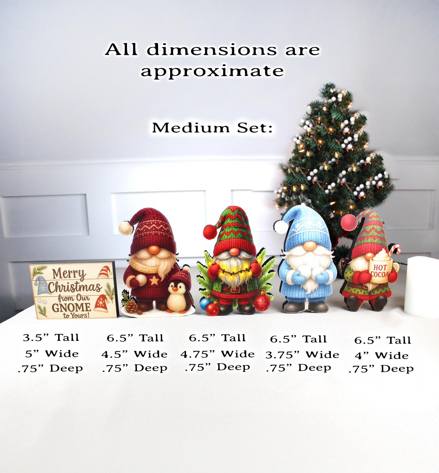 Christmas Gnome Shelf Sitters – Set of 4 Gnomes + Merry Sign, Personalized Wooden Mantel & Tiered Tray Decor
