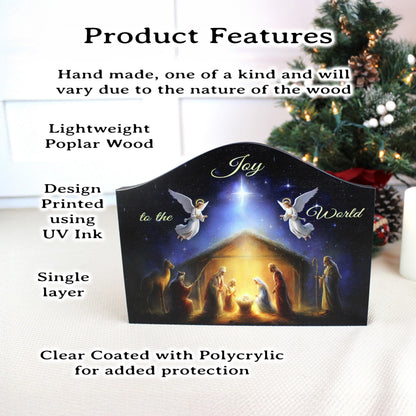 Nativity Scene Shelf Sitter – “Joy to the World” Personalized Wooden Manger Decor