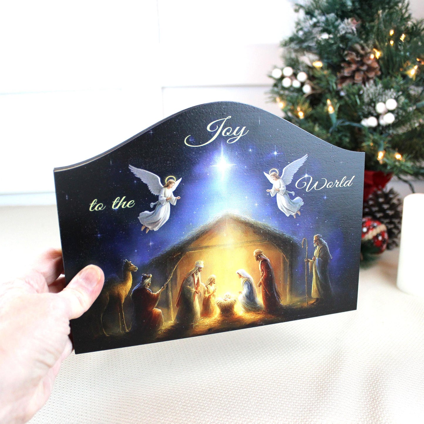 Nativity Scene Shelf Sitter – “Joy to the World” Personalized Wooden Manger Decor