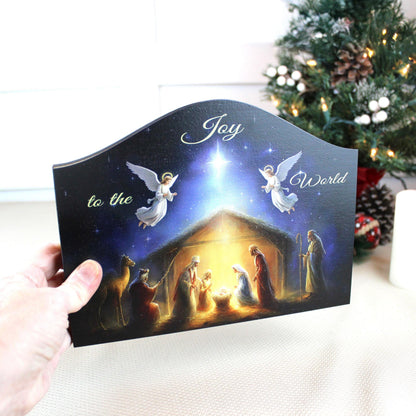 Nativity Scene Shelf Sitter – “Joy to the World” Personalized Wooden Manger Decor
