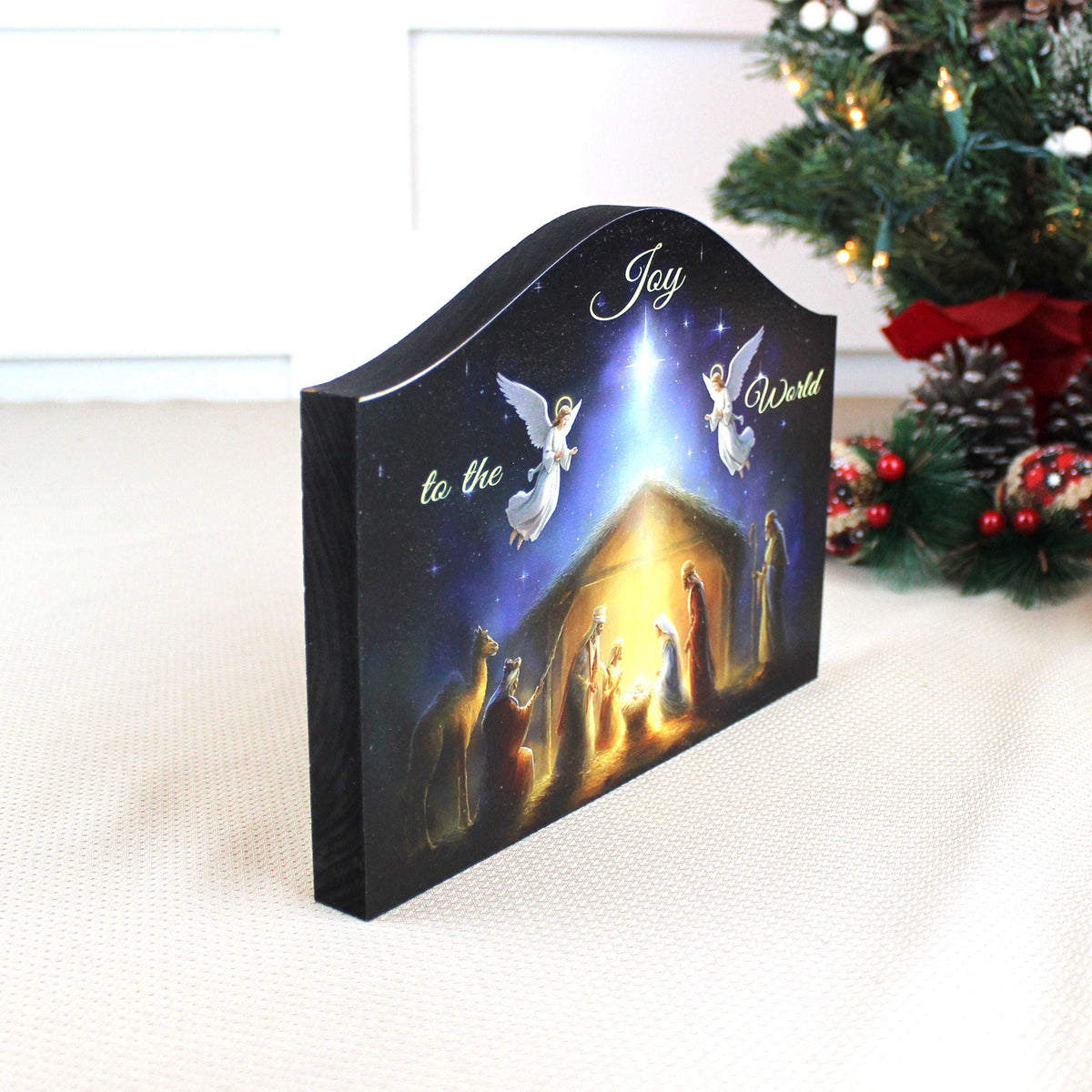 Nativity Scene Shelf Sitter – “Joy to the World” Personalized Wooden Manger Decor