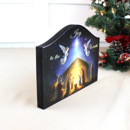 Nativity Scene Shelf Sitter – “Joy to the World” Personalized Wooden Manger Decor