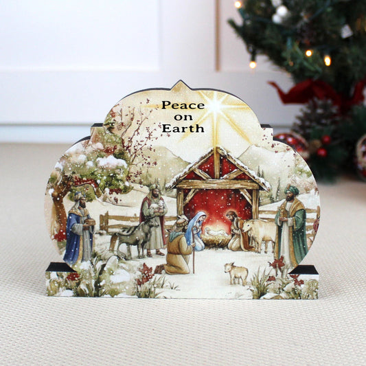Nativity Scene Shelf Sitter – Personalized Wooden Manger Painting, Christmas Mantel Decor